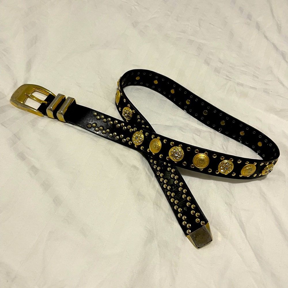 GIANNI VERSACE BELT BLACK LEATHER STUDDED RHINESTONE MEDUSA HEAD